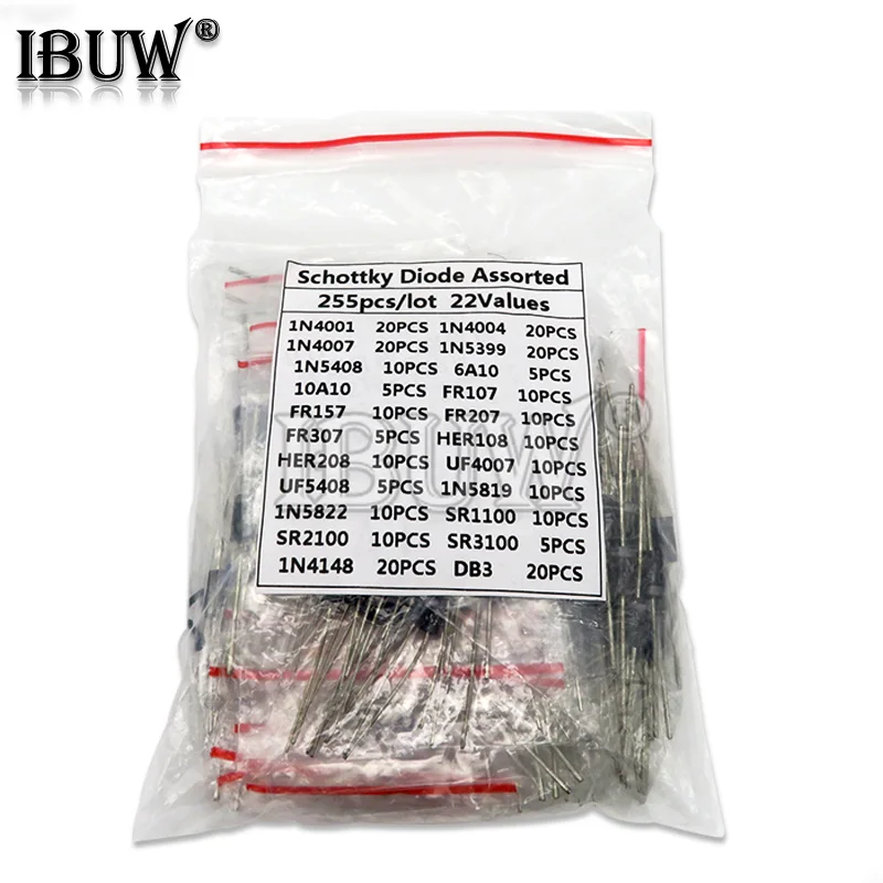 255PCS 1N4001 1N4004 1N4007 1N5408 UF4007 FR307 1N5819 1N5822 6A10 10A10 Fast Switching Rectifier Schottky Diode Assorted Kit