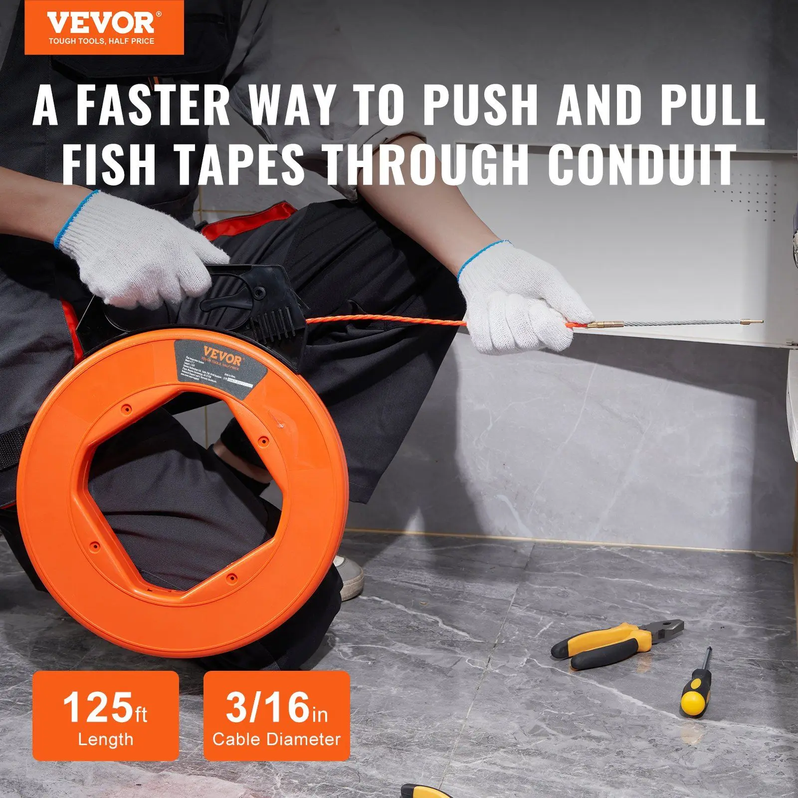 NEW Fish Tape 125-foot 3/16-inch PET Wire Puller w/ Optimized Housing and Handle Easy-to-Use Cable Puller Tool Flexible Wire