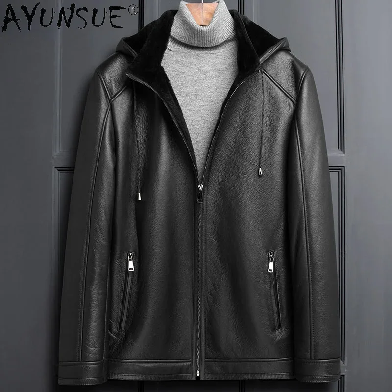 

AYUNSUE Natural Fur Coat Male 2021 Winter Black Hooded Sheepskin Leather Jackets Sheep Shearing Liner Coat Abrigo Hombre Gmm394