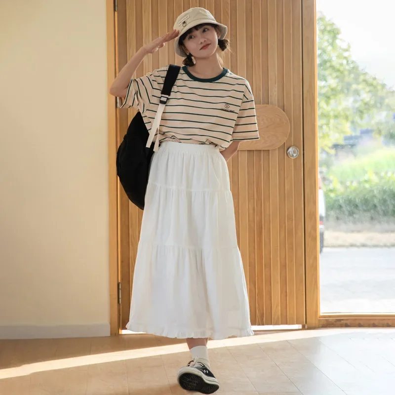 Japanese Style Sweet Vintage White Ruffles Pleated Long Skirts for Women Summer High Waisted A-line Fairy Cute Cake Maxi Skirt