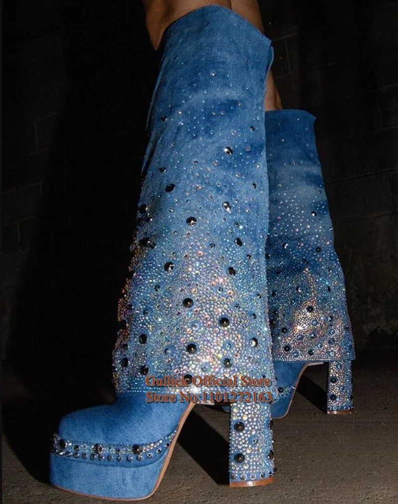 Glamorous Diamonds Denim Boot Covered Chunky Heel Rhinestone Platform Jeans Fold Over Shark Boot Round Toe Slip On Long Boots