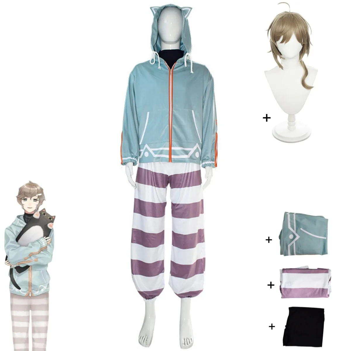 Anime Virtual Youtuber Nijisanji Kanakana Cosplay Costume Gamers Knkn Stripe Plush Pajamas Coat Wig Adult Man Woman Lovely Suit