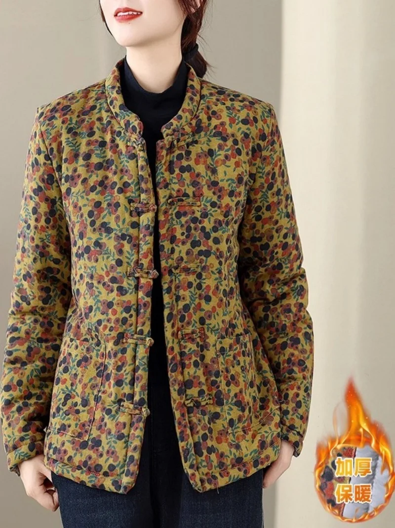 

2025 Winter New Chinese Style Coat Women Vintage Brocade Cotton Jacket Zen Hanfu Top Thickened Warm Elegant Loose Casual w1383