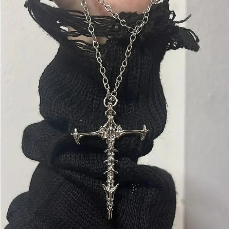 Dark Gothic Punk Style Vintage Skull Skeleton Cross Pendant Necklace Unisex Silver Black Hip-Hop Chain Fashion Jewlery Gifts