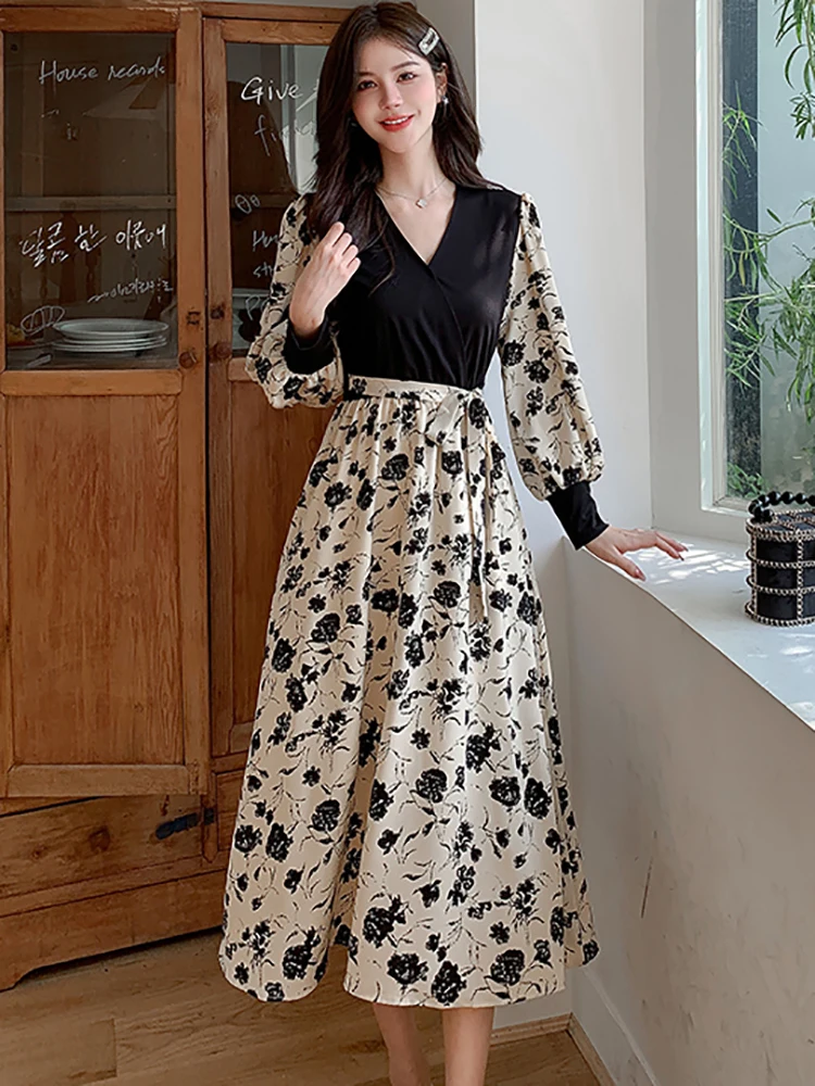 2025 nieuwe bloemen patchwork zwarte v-hals lange jurk vrouwen koreaanse vintage luxe jurk herfst elegante bodycon festival feestjurk