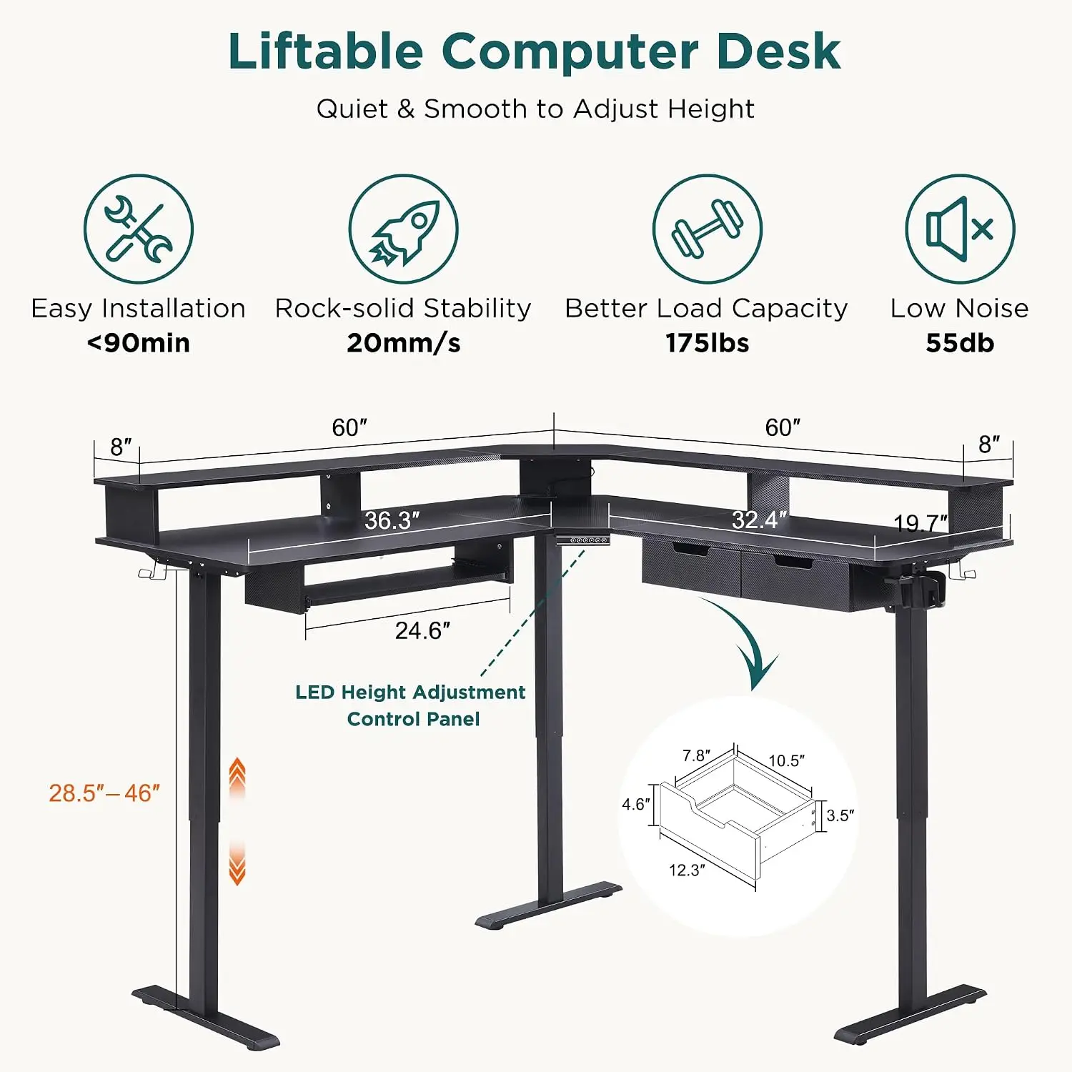 60 Inches L Shaped Electric Standing Desk, Carbon Fiber Black, Customized