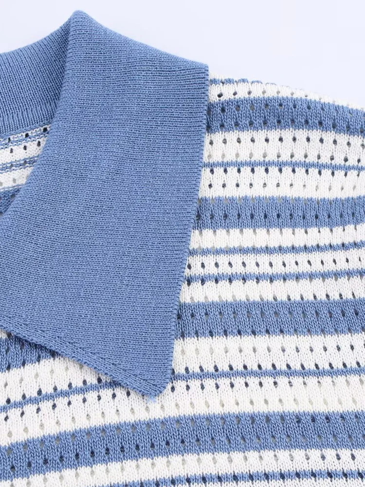 TRAF Europejski i amerykański styl damski letni nowy modny sweter w paski z klapami, uniwersalny i dopasowany.