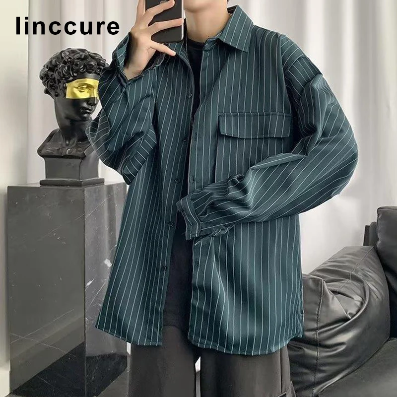 linccure Men Oversized Striped Shirt Long Sleeve Casual Loose Fit Button Down Shirt Chest Pocket Streetwear Layering Daily Wear