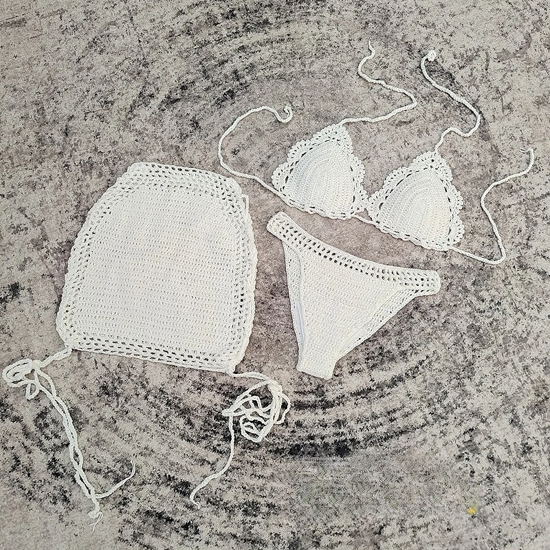 ファッション水着 レディース 3点セット ニット 三角ビキニ ホローアウト レースアップ スカート カバーアップ 2025 新作 セクシー ビキニ 水着