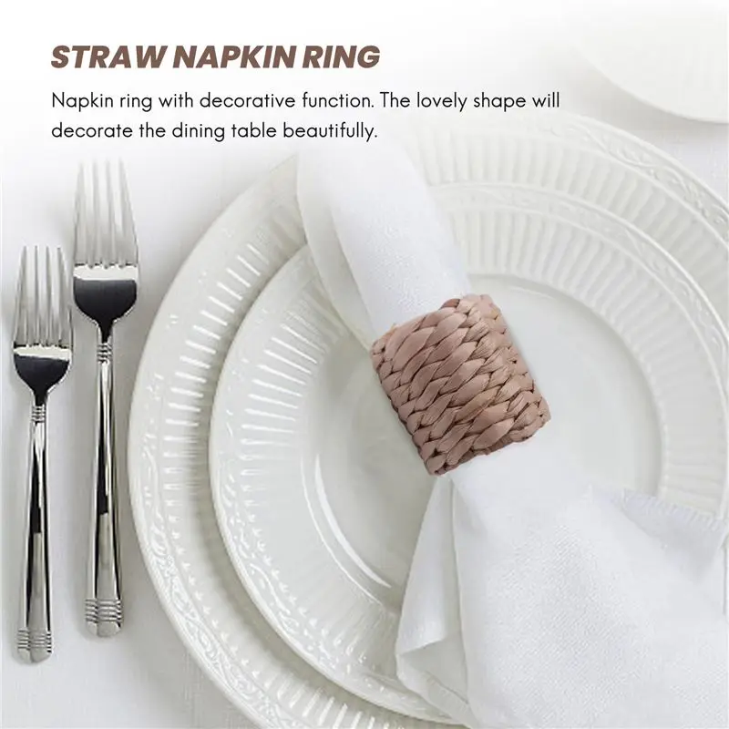 (ˉ﹃ˉ) 6Pcs Napkin Rings,Water Hyacinth Napkin Holder Rings - Rustic Napkin Rings for Birthday Party, Dinner Table Decoration