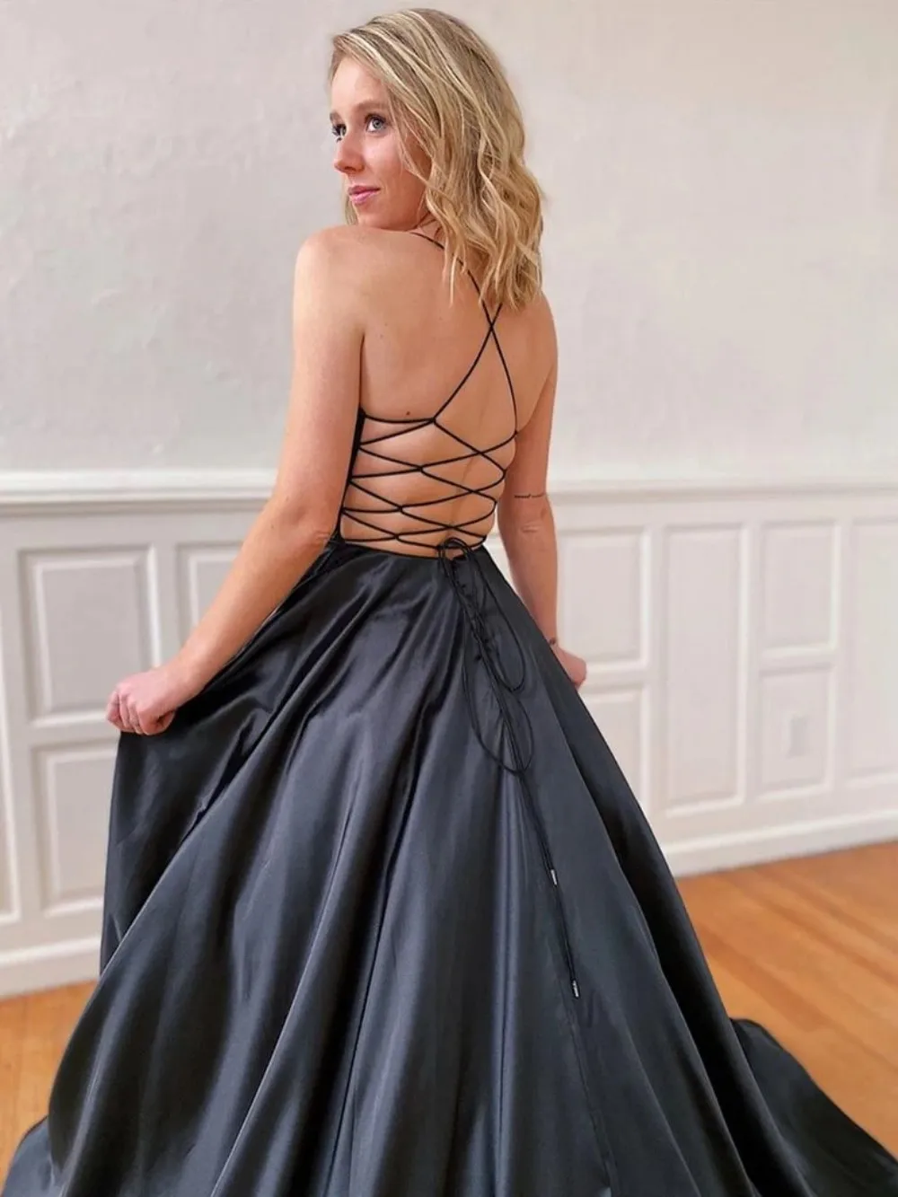 A-line V-neck Black Backless Satin Ball Gown Black Backless Long Formal Evening Dress Available In Multiple Colors