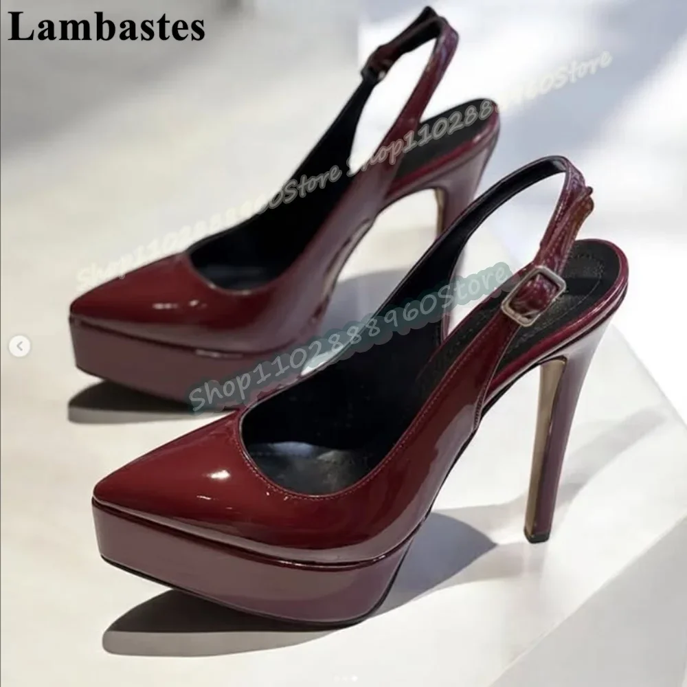

Slingback Burgundy Glossy Leather Platform Pointy Sandals Thin High Heel Women Shoes Buckle Strap Pointed Toe Gorgeous Sandals