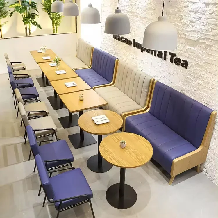 Wholesale cafe western restaurant bakery tea shop leisure negotiation sofa solid wood purple booth table and metal chair set