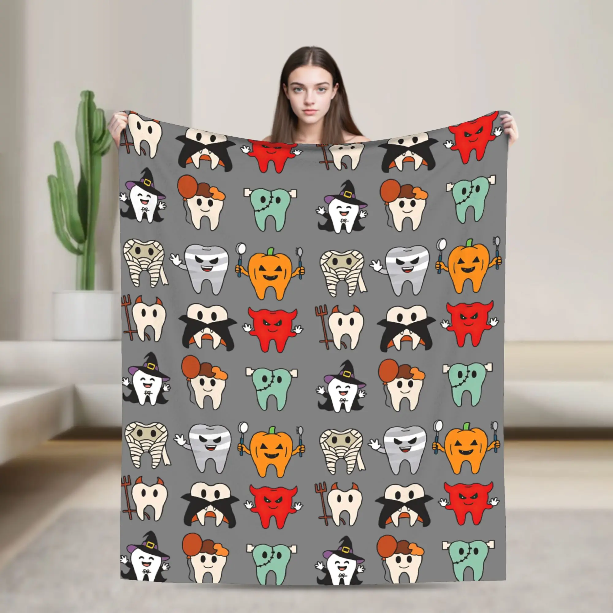 Teeth Knitted Blankets Cartoon Teeth Helloween Wool Throw Blankets Airplane Travel Printed Lightweight Bedsprea,