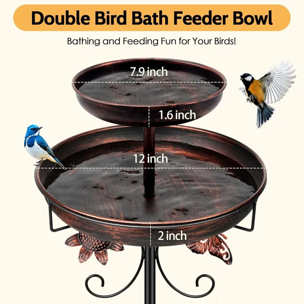 Metal Bird Bath Feeder Set Dual-Layer Design Four-Prong Ground Stakes Garden Bird Feeder Vintage Style Rust Resistant