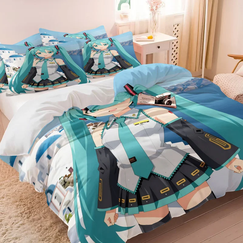 初音ミク-サントリーニ風景布団カバーセット-かわいいアニメ寝具-枕カバー1～2枚付き-ゲームルーム-ティーンズベッドルーム装飾-ファンへのギフト