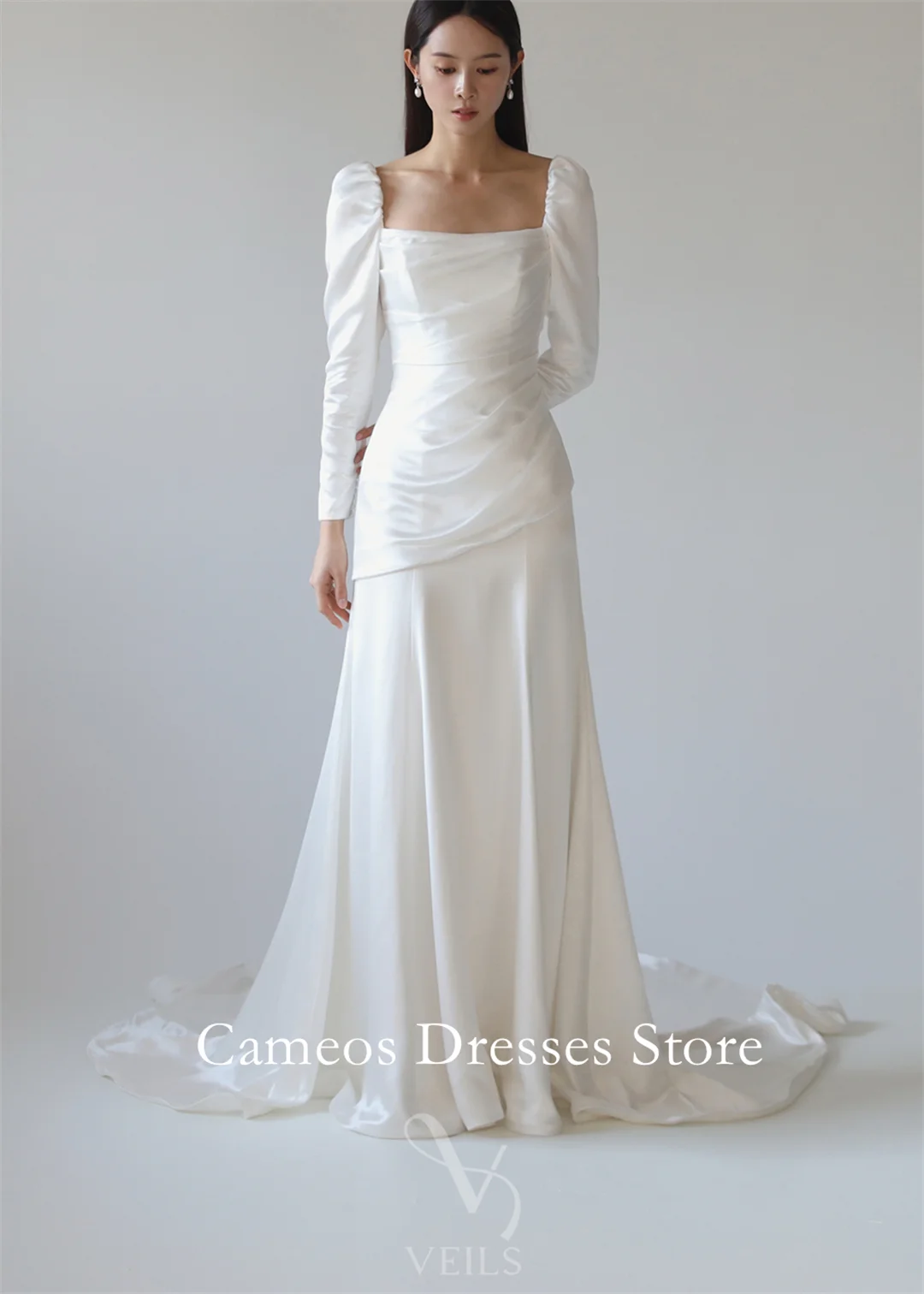 Sondr personalizado pescoço quadrado mangas compridas vestidos de casamento simples sereia cetim espartilho coreia vestidos de noiva feminino