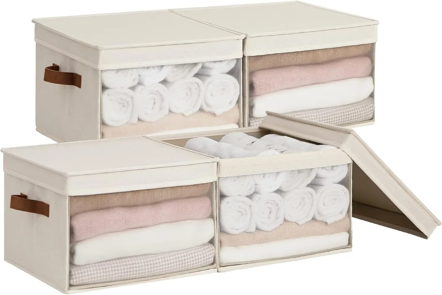 Bacs de Rangement avec Vide et Fenêtre Transparente, mir pour Étagères, Placard en Tissu, Plusieurs Organisateurs, Beige, Lot de 4