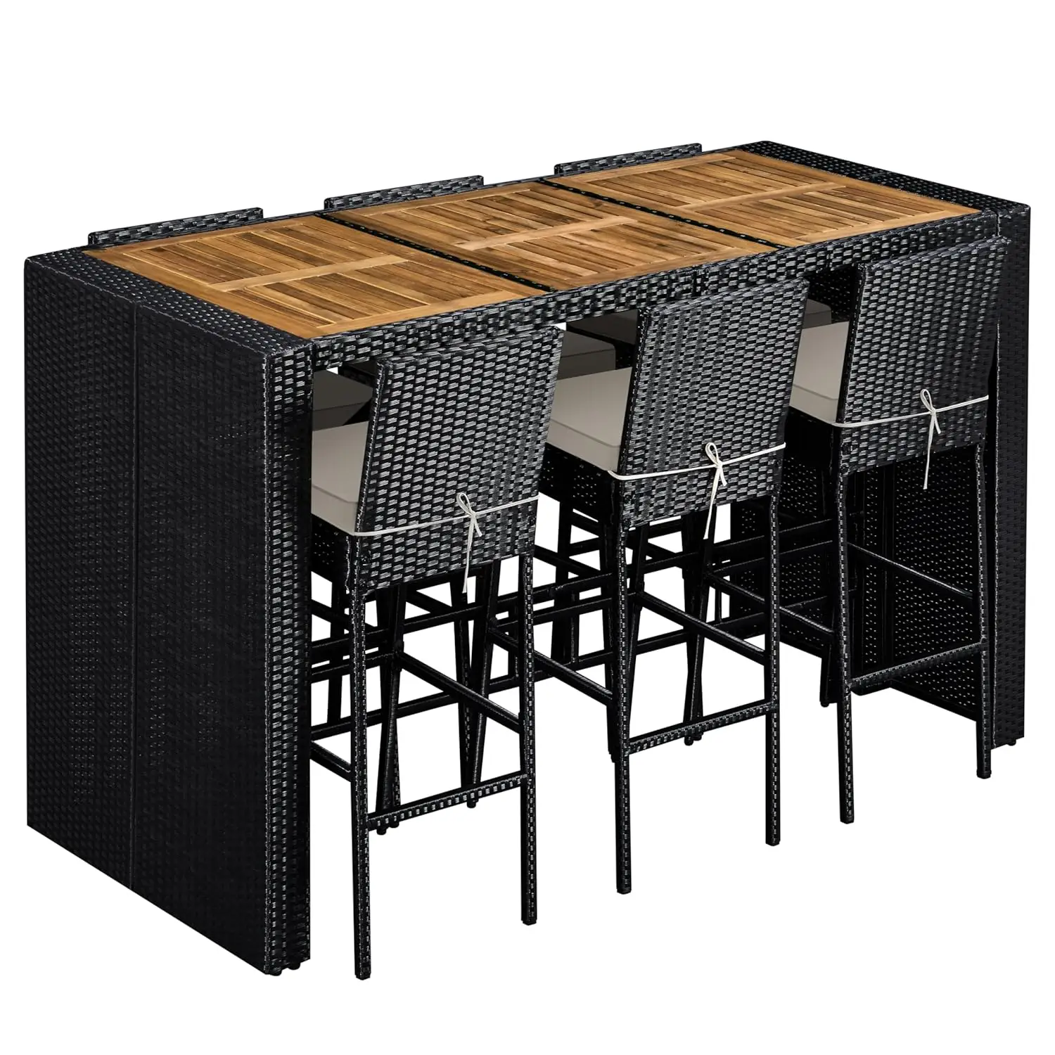 

7pc Outdoor Wicker Bar Set Rattan Dining Table & Acacia Top 6 Cushions Cover