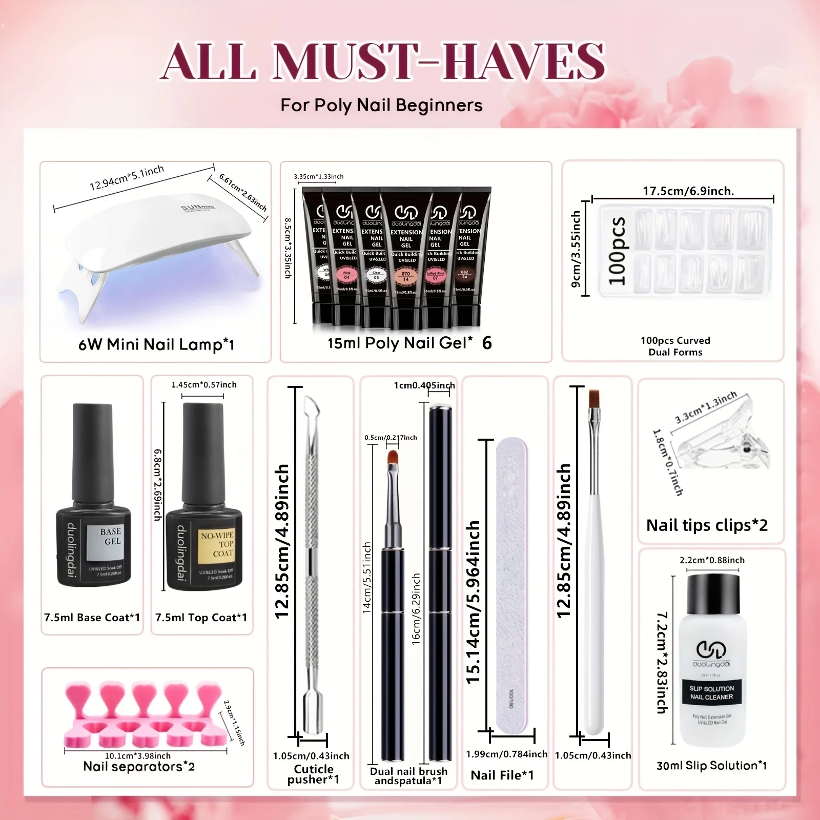 Poly Gel Extension Tool Set, Including 30ml of Cleaner fluid, 7.5ml Base Coat and Top Coat， Nail Mold, Nail Clip And Nail Brush