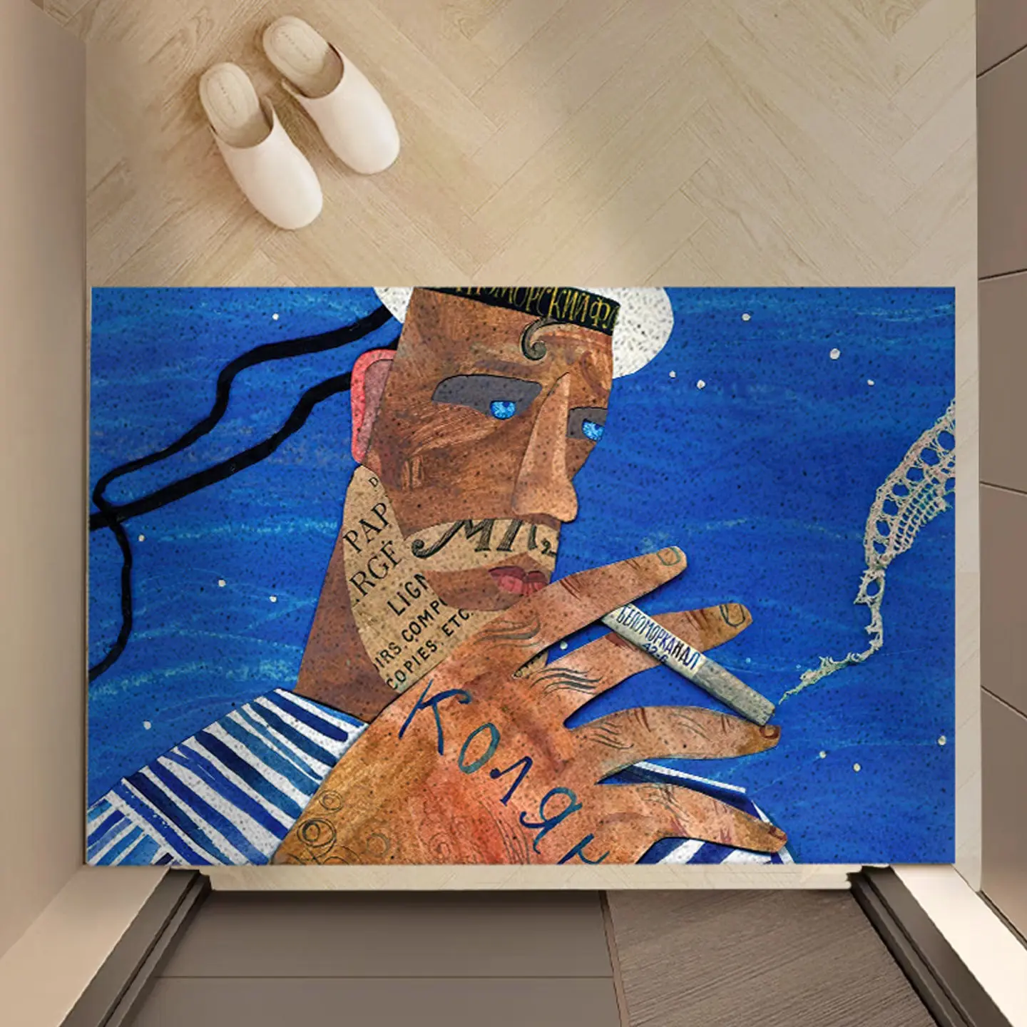 Abstract Collage Art Man Portrait PVC Coir Doormat Non‑Slip Dust Catching Entrance Floor Mat Wear‑Resistant Welcome Rug