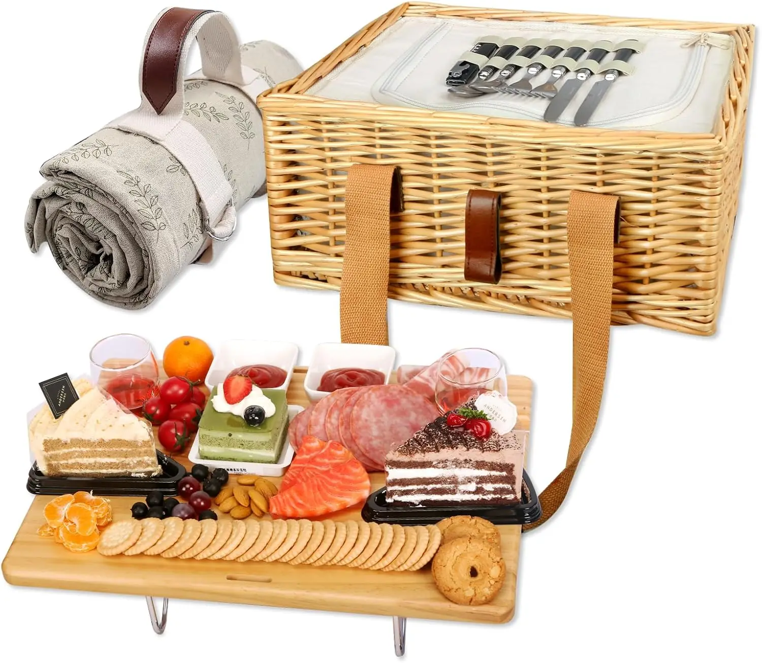 

Double wicker picnic basket with mini folding wine picnic table and large insulated cooler bag plus double cutlery serving set