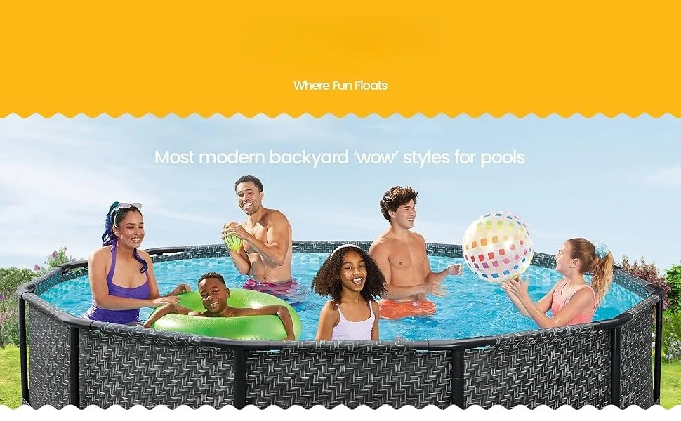 Family swimming happily in a round pool. Text Reads: Most modern backyard 'wow' styles for pools.