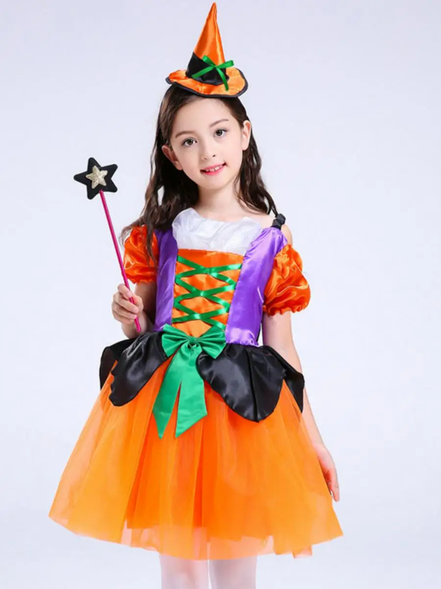 

Детский костюм ведьмы на Хэллоуин, желтая юбка с халатом, наряд для выступлений для девочек, костюм для детского сада