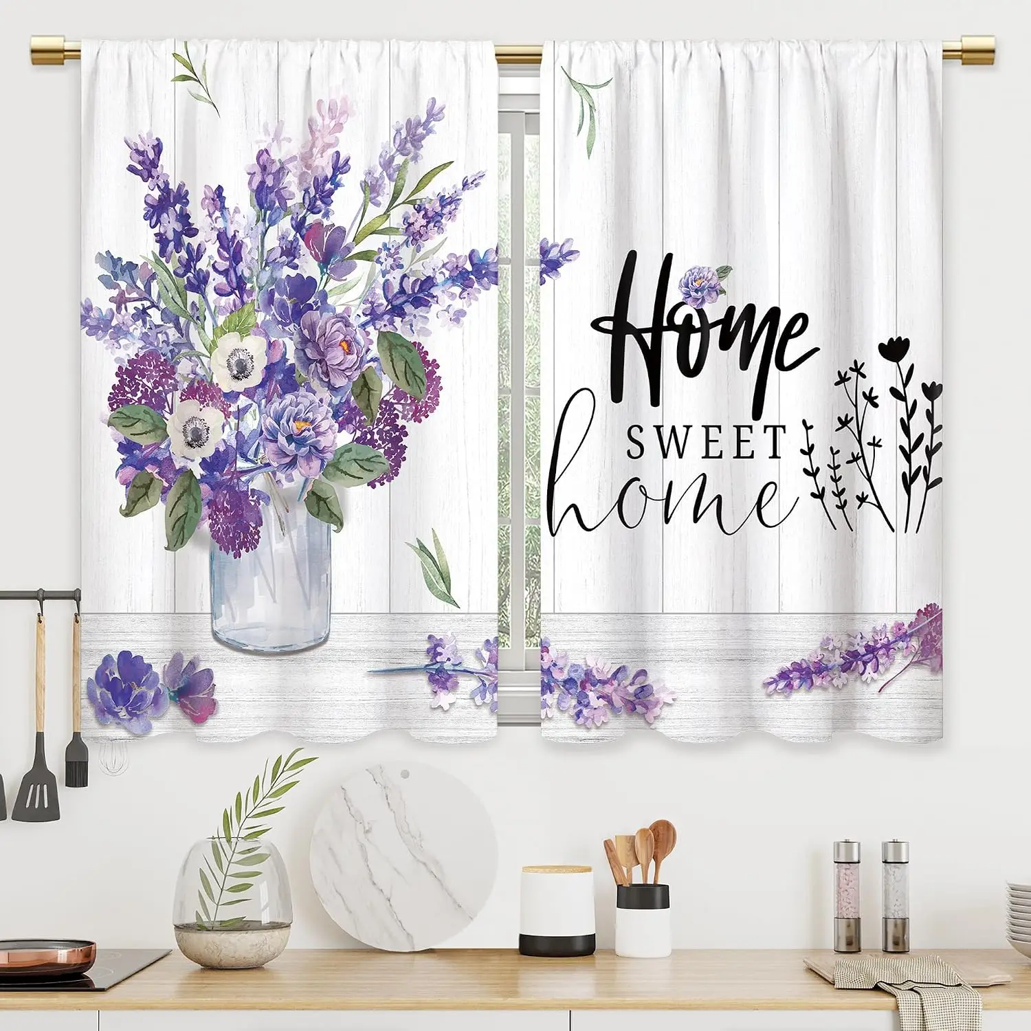 Large Floral Curtains 2pcs Farmhouse Style Window Panel Decor Lavender Bouquet Home Sweet Home Curtains Curtain Treatment