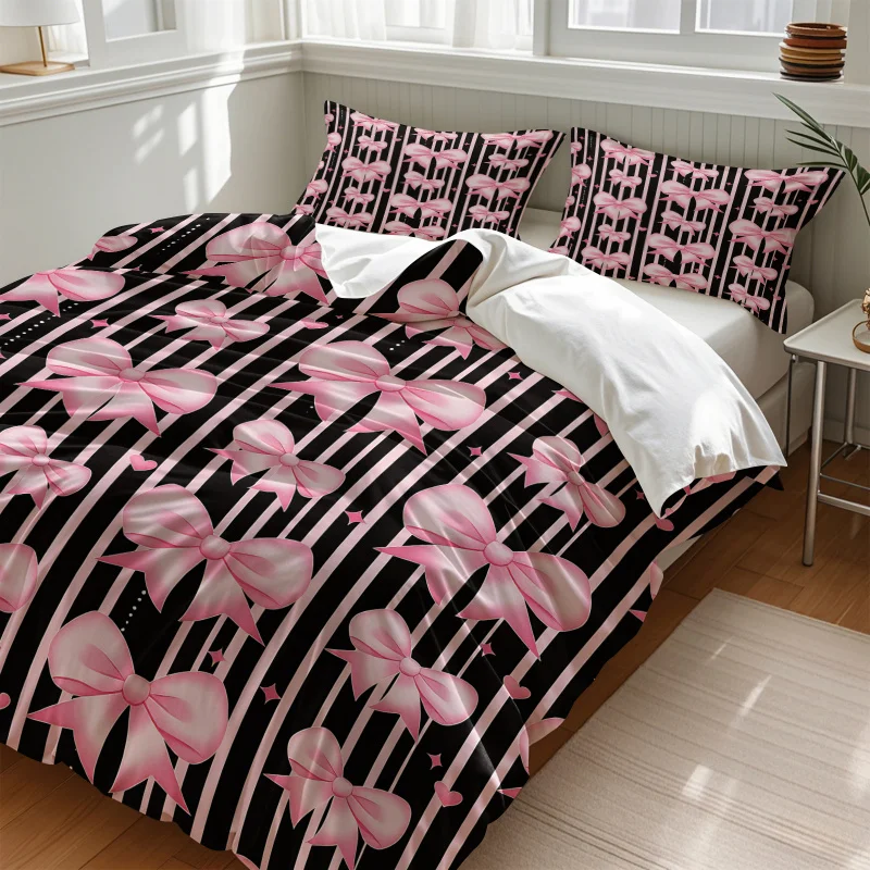 Coquette Pink Bow Striped Duvet Cover Set Black White Stripe Heart Star Print Bedding Soft Cute Girly Home All Bed Sizes