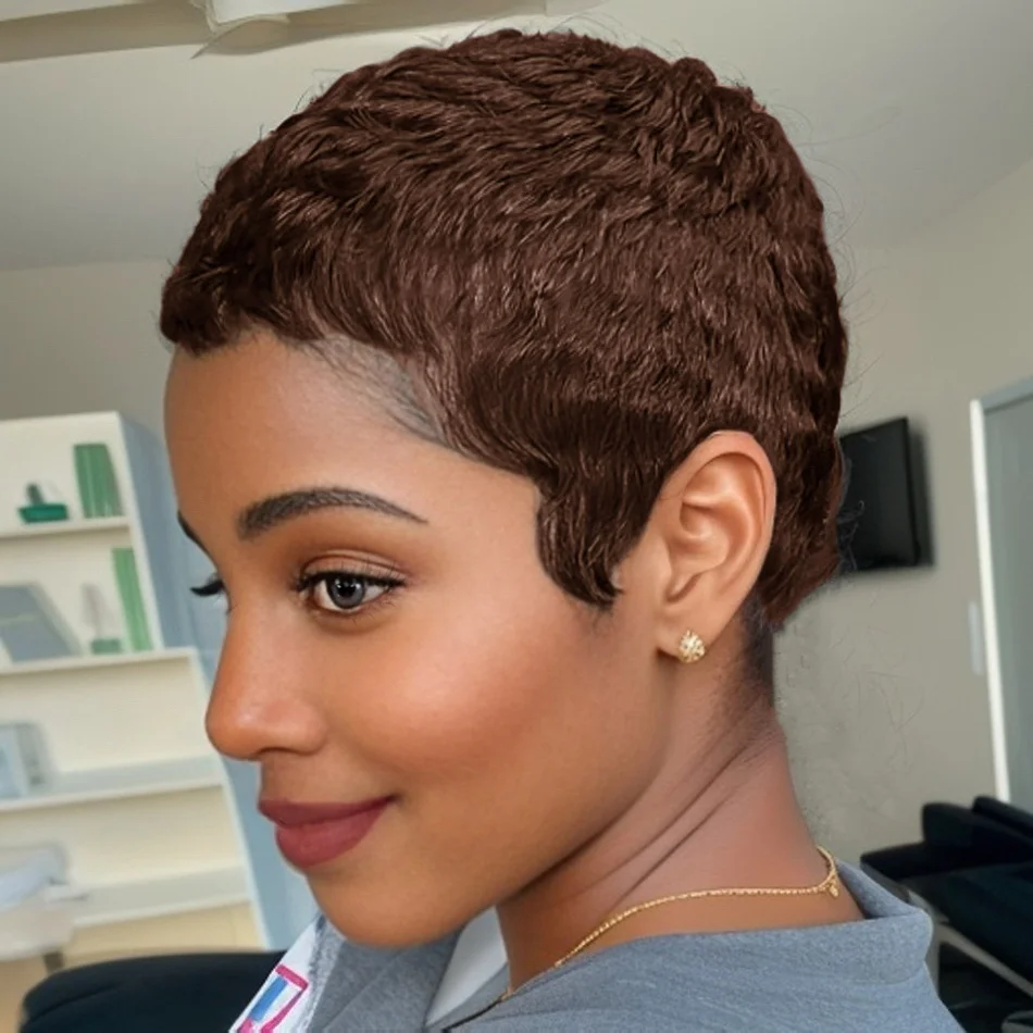 Elegent Short Brazilian Layered Pixie Cut Human Hair Full Machine Made Wigs