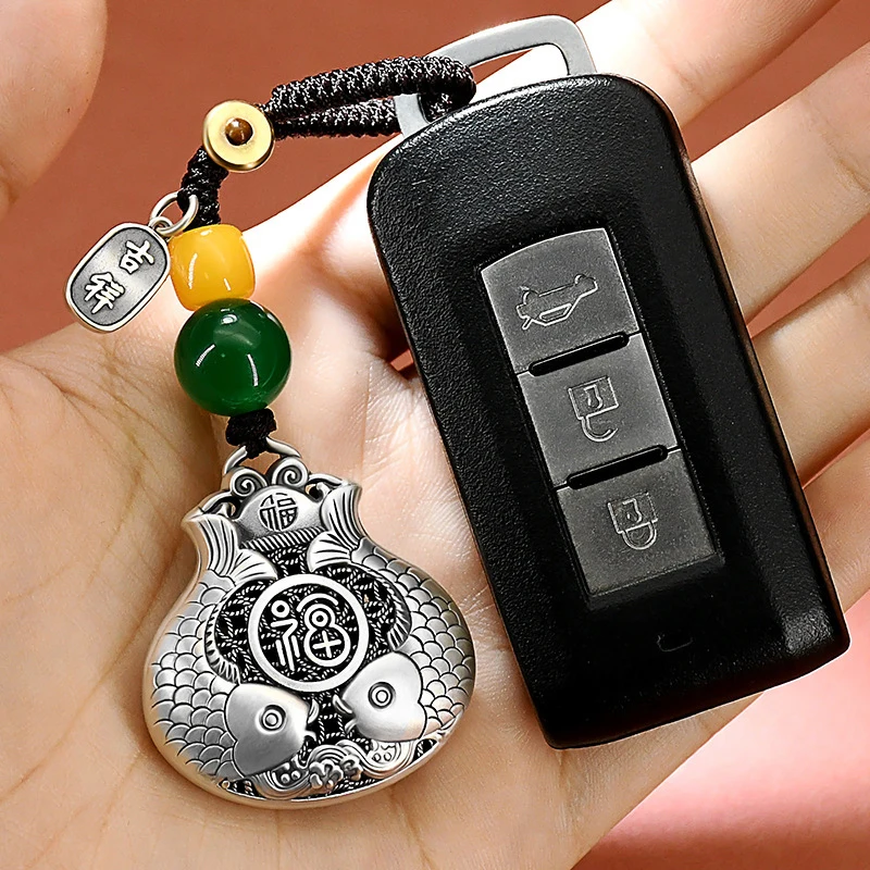 S925 Silver Fu Character Koi Fish Keychain Pendant  Double Fish Fortune Pouch, Antique Car Hanging Ornament Gift