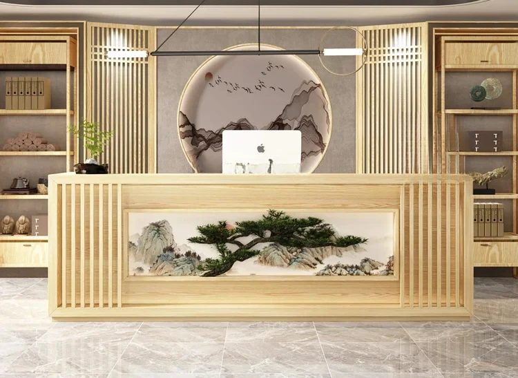 A  New Chinese welcome pine checkout page Hotel restaurant Hotel teahouse Solid wood health center Reception desk