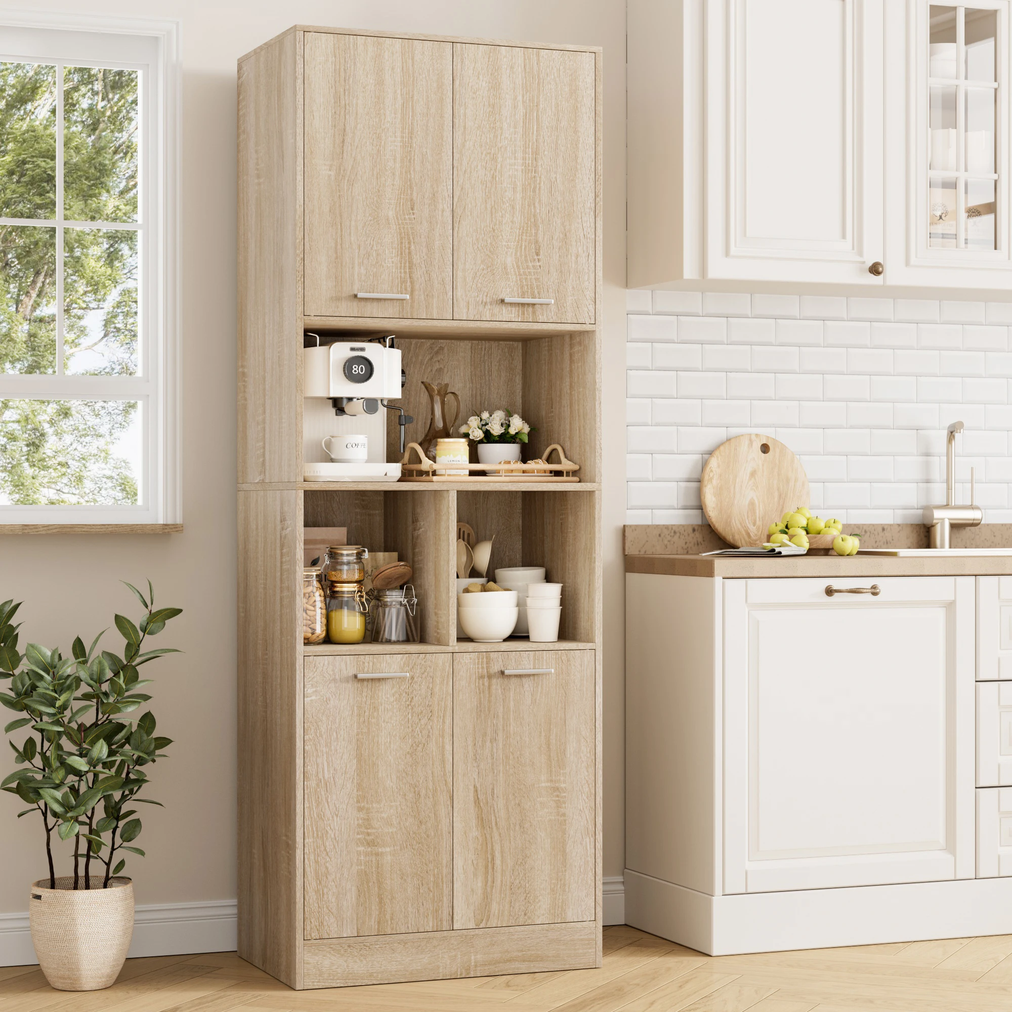 Getone Hochschrank Badschrank Badezimmerschrank Küchenschrank Mit Tür, offenem Fach, verstellbarer Trennwand 180x60x40cm