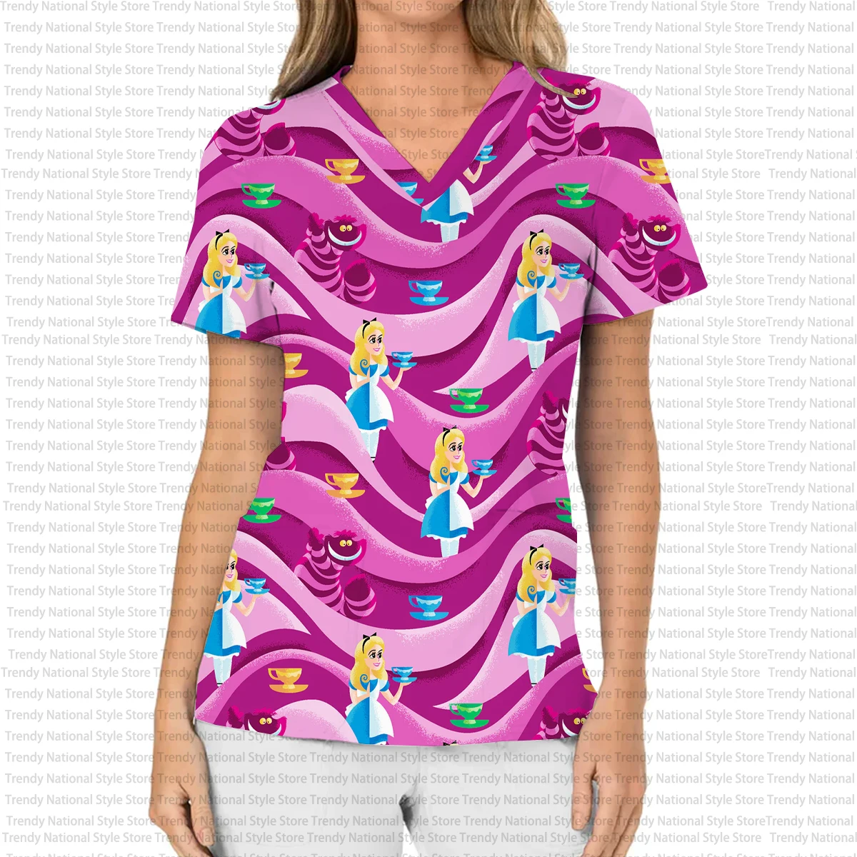 2025 New Elegant Women's Work Uniform V-neck Pocket Frosted Top Exquisite Disney Alice Cartoon Print Hospital Doctor T-shirt