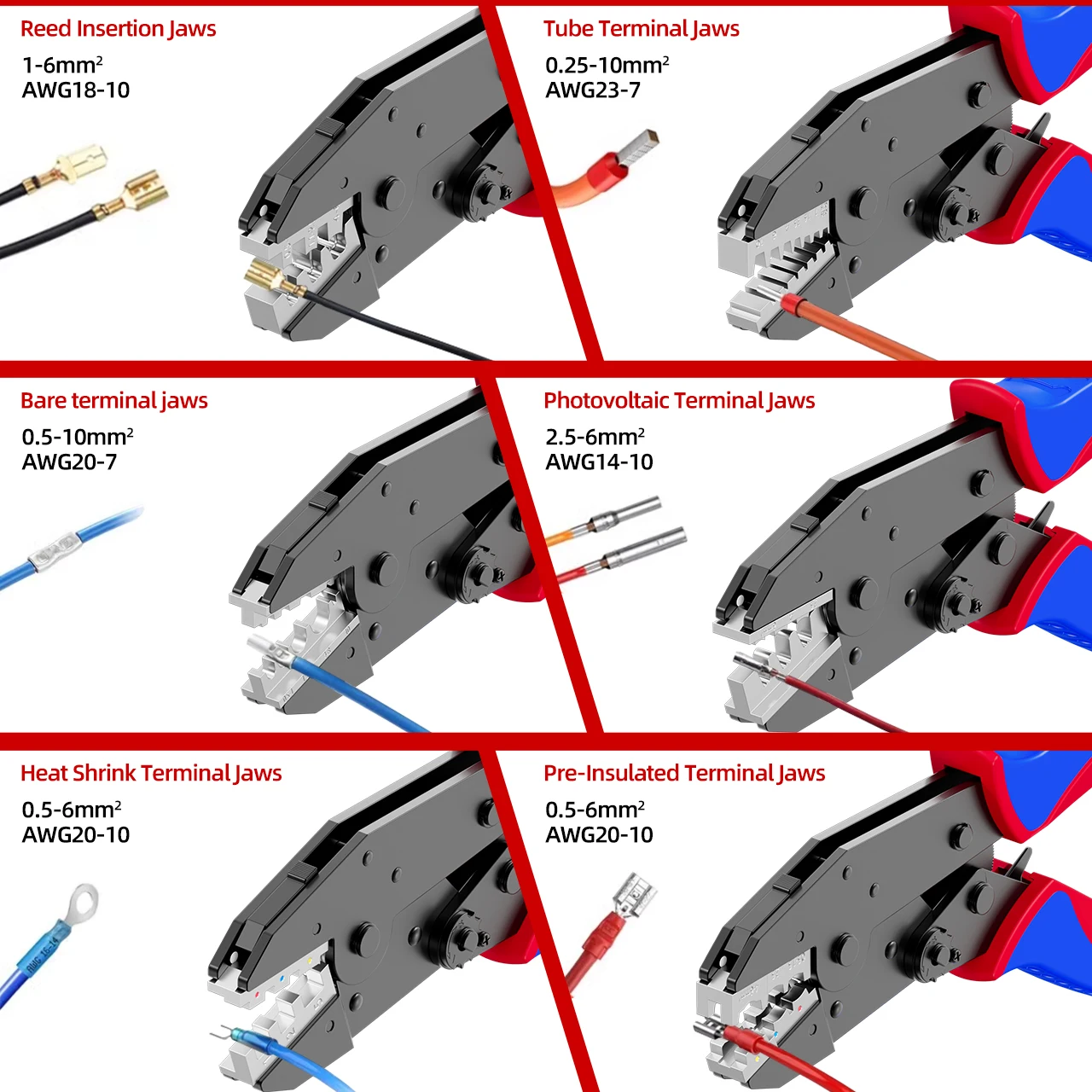 Quick change jaw crimping pliers for bare terminals Euro hook switches photovoltaics insulated crimp terminals