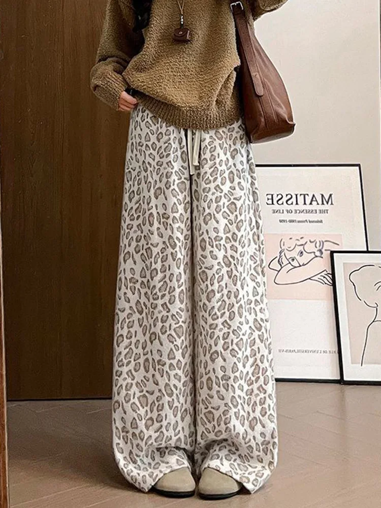 American Loose Leopard Pants Women High Waist Hip Hop Streetwear Trousers Spring Vintage Fleece Female Lace Up Wide Leg Pant