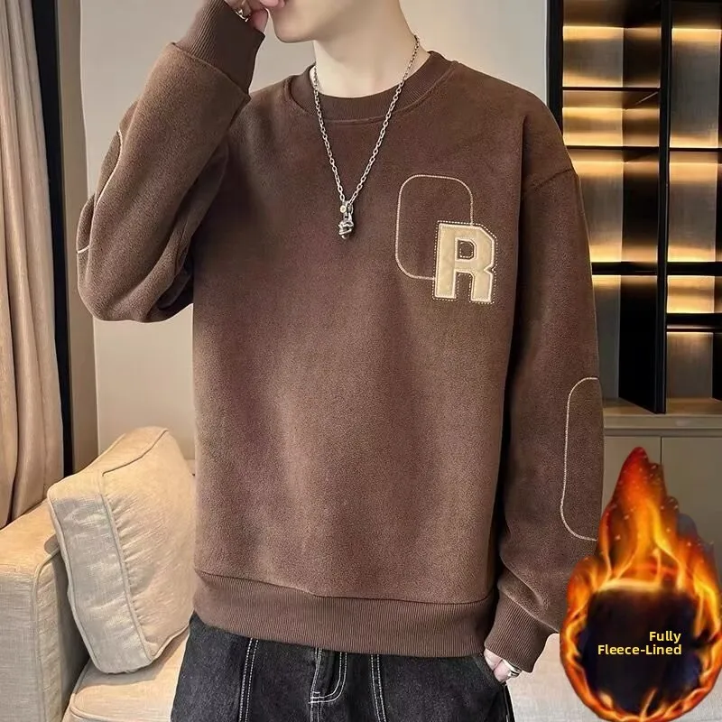 Men's Fleece Lined Thickened Long Sleeve round Neck Sweatshirt Double Layered Anti-pilling Warm Inner Wear Base Shirt for Aut...