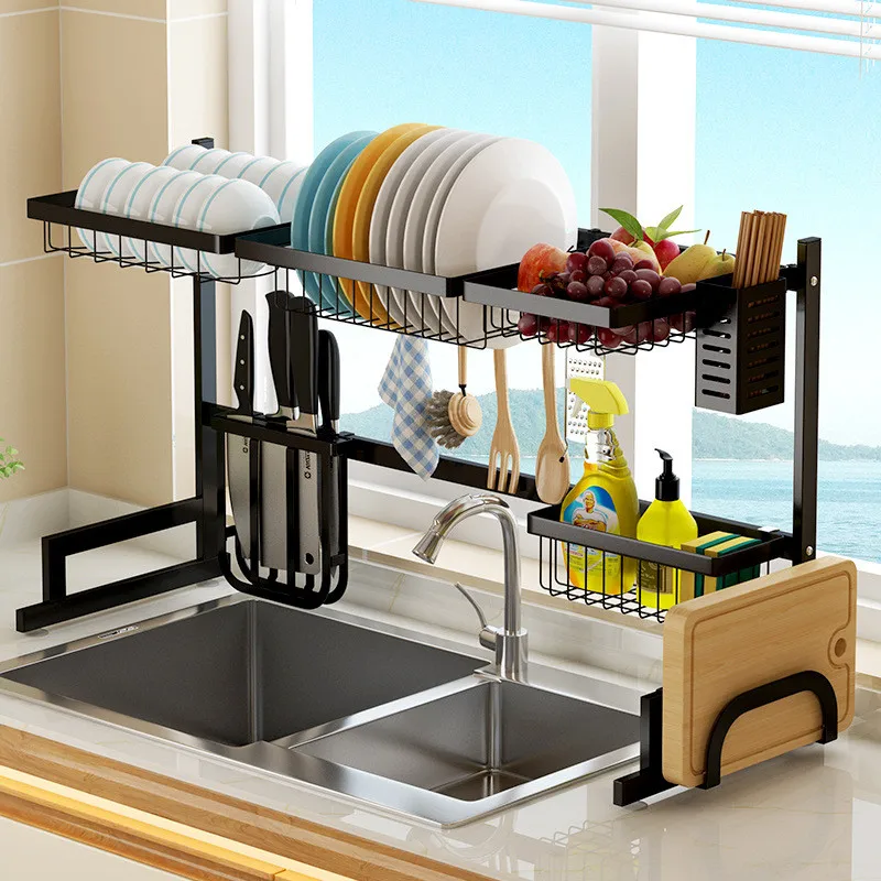 

2 Layers Multi-use Stainless Steel Dishes Rack Kitchen Sink Drain Rack Kitchen Oragnizer Rack Dish Shelf Sink Drying Rack Black