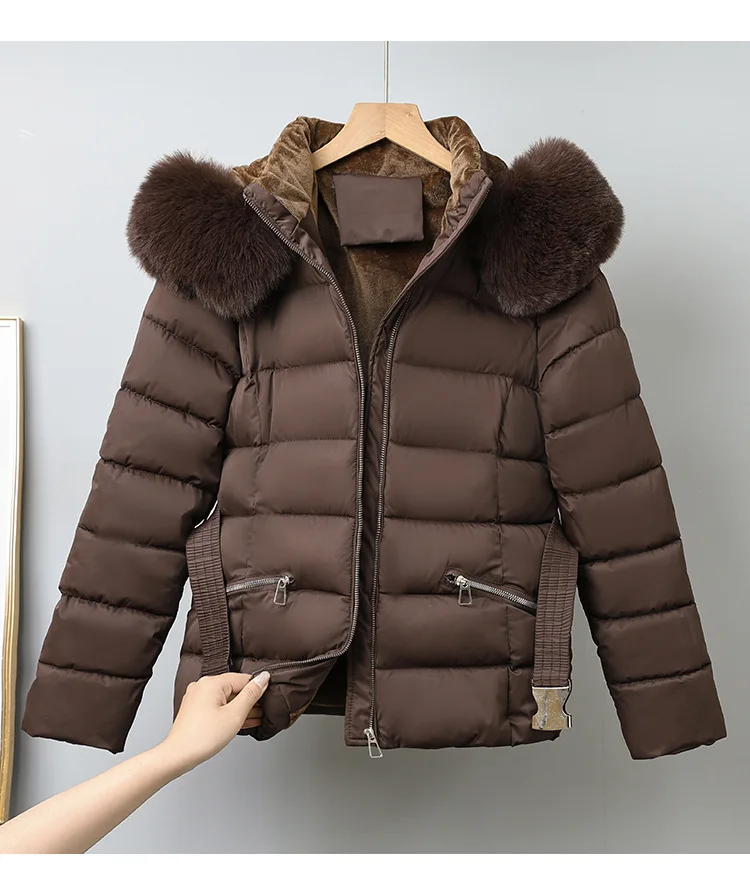 Winter Solid Color Long-sleeved Fur Collar Hooded Short Down Cotton Jacket Women's Slim Winter Thickened Versatile Warm Jacket