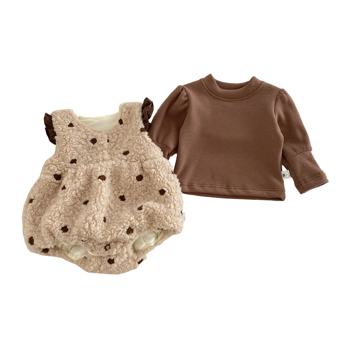2024 Winter Baby Girls 2PCS Clothes Set Cotton Fleece Solid Tops Dot Hairy Sleeveless Warm Rompers Suit Toddler Girls Outfit