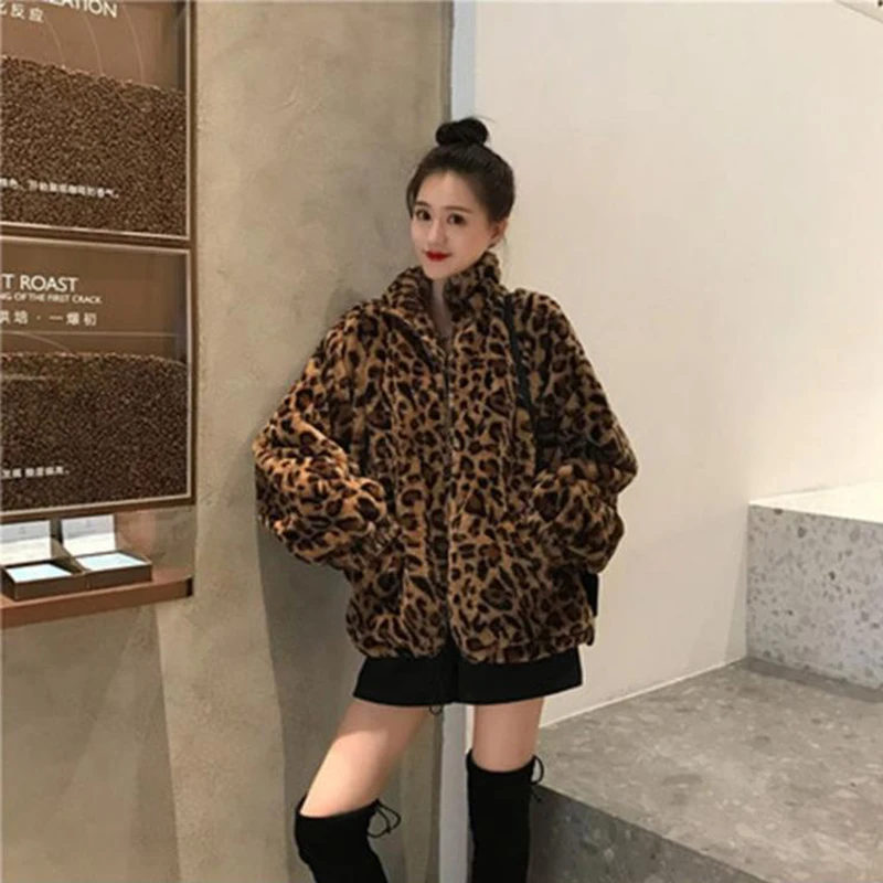 Leopard Print Fur Coat for Women, Thermal Long Sleeve Jacket, Casual Plush Coat, New Fashion, Autumn and Winter, 2024