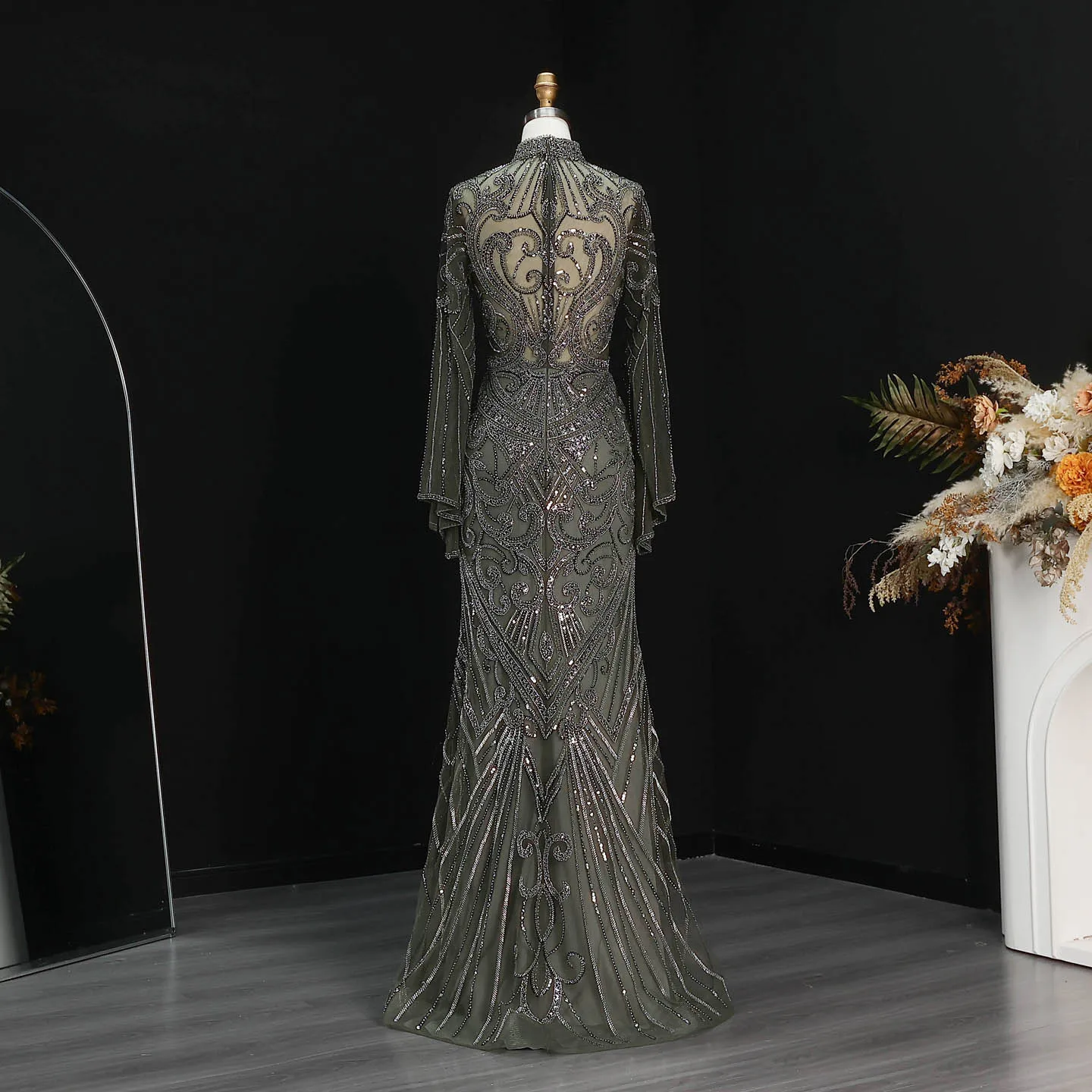 Sharon Said Abendkleider Luxuriöse Meerjungfrauenkleider mit Hohem Kragen und Langen Ärmeln, Funkelnde Pailletten-Formelle Kleider für Abschlussball und Party, Elegantes SS055 Maßgeschneidert – Detail 23