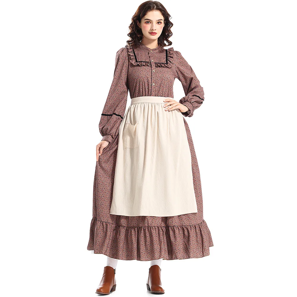 

Halloween Party Dress Vintage Brown Floral Dress Apron Long Sleeve Victorian Sexy Women Countryside Pioneer Cosplay Costume