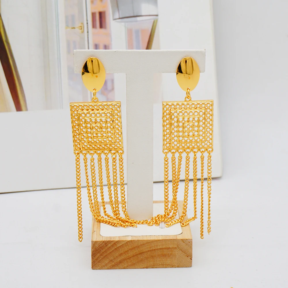 Fine Dubai Gold Color Bridal Jewelry Set For Women African India Long Chain Tassels Necklace Bracelet Earrings Ring Sets Gift