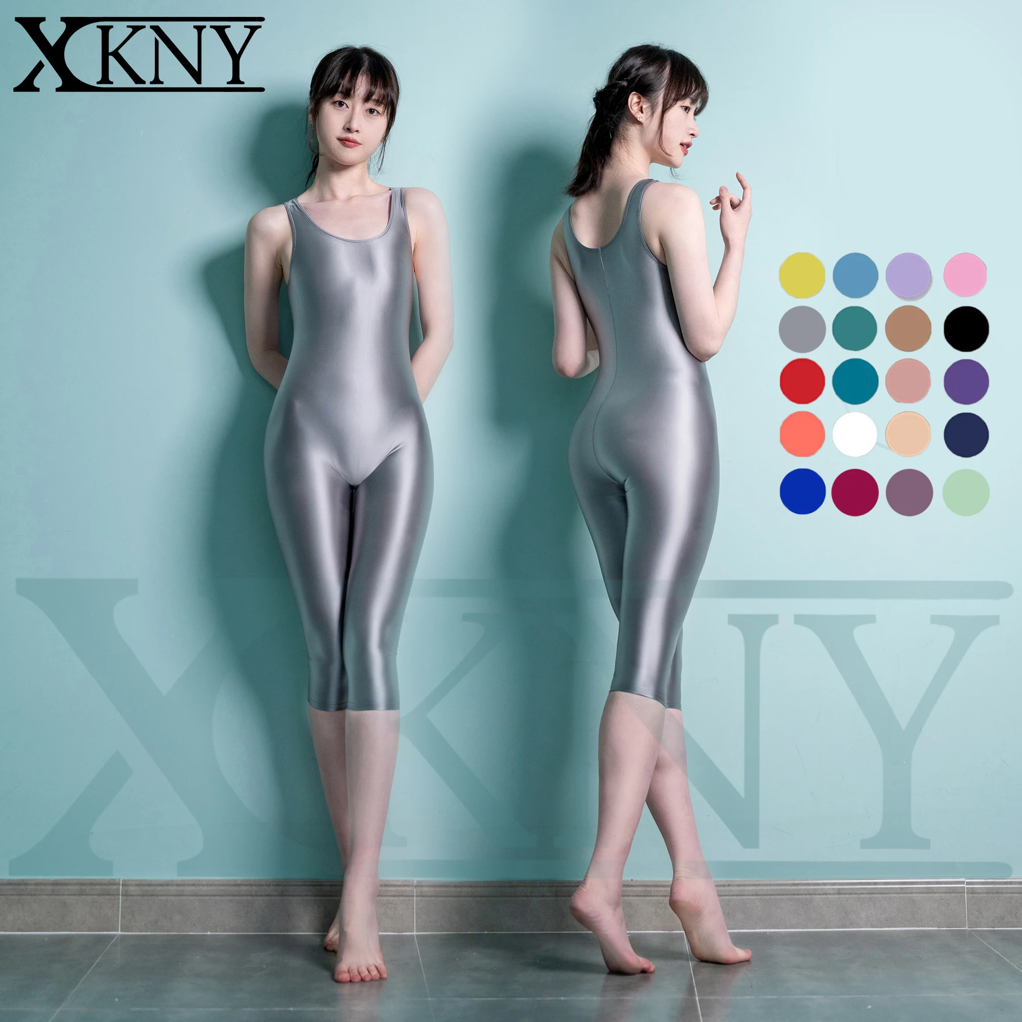 XCKNY satin glossy bodysuit oil silk bodysuit vest short pants tights yoga fitness Jumpsuits Stretch Spandex swimsuit