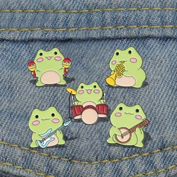The Frogs Band Enamel Pins Custom Drum Kit Frog Playing Guitar Brooches Lapel Badges Animal Jewelry Gift for Kids Friends