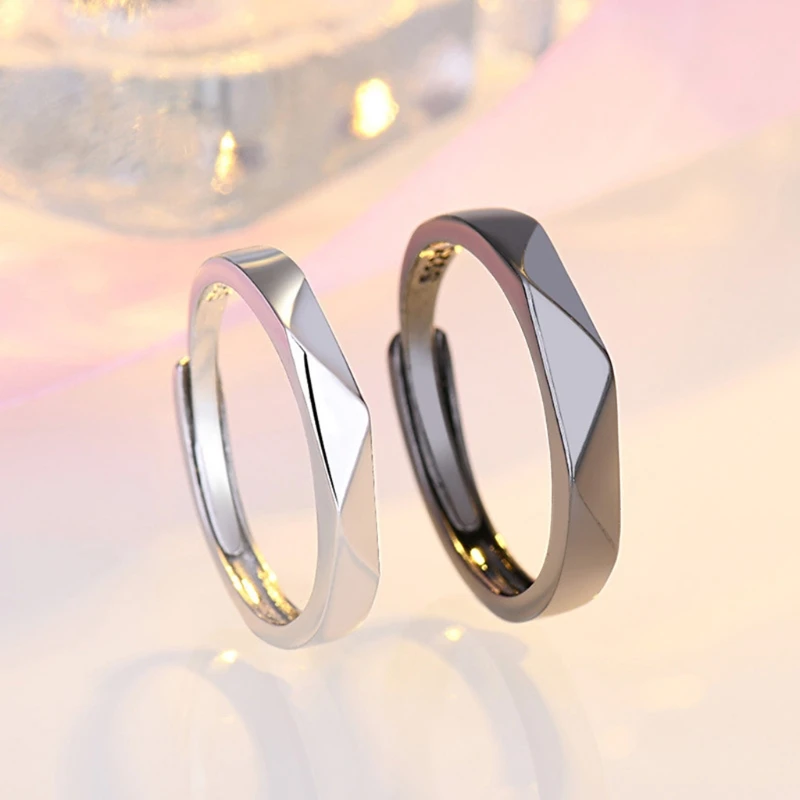 2x  Simple Couple Rings Set Ins Retro Creative Geometric Opening Adjustable Ring For Teen Girls Black White image 3