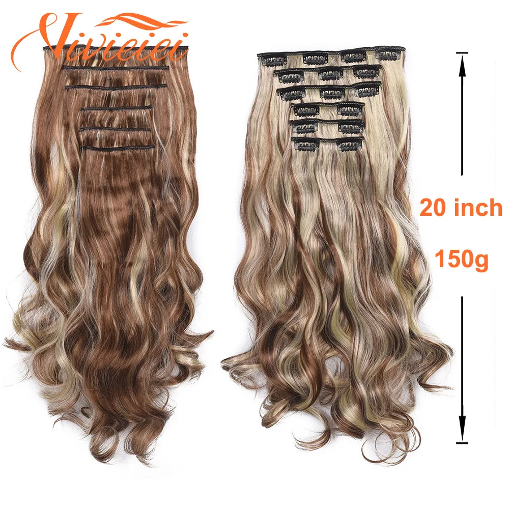 VIVIEIEI Synthetic Clip In Hair Extensions 6 Pcs Long Wavy Natural Black Hair Extension 20 Inch 16 Clips Hairpieces for Women