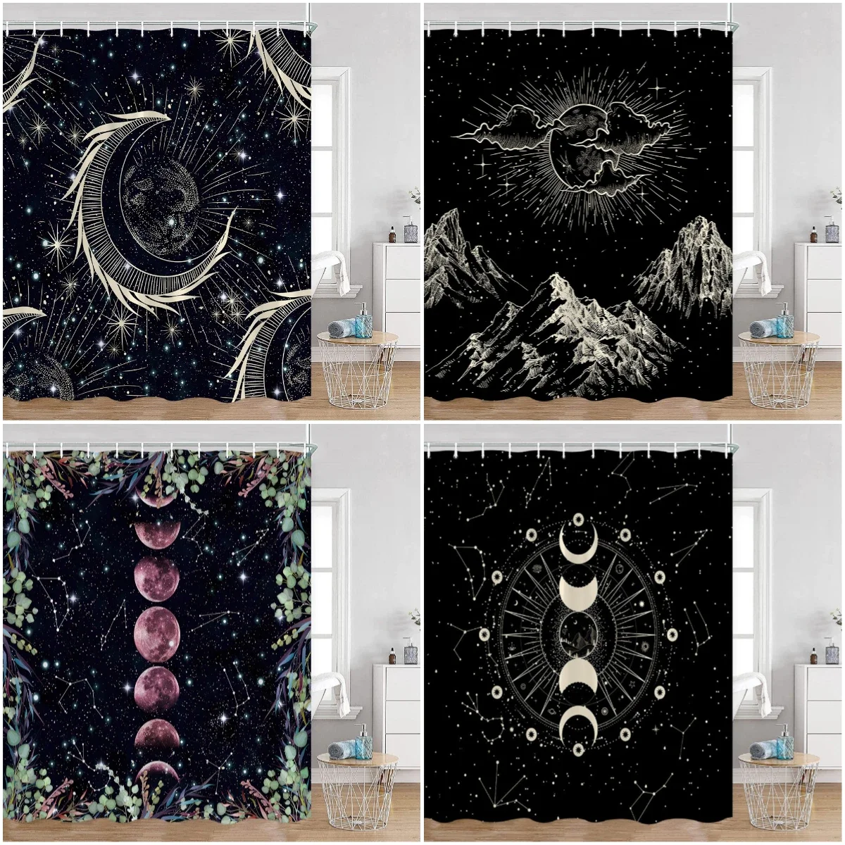 Sun and Moon Stars Zodiac Constellation Shower Curtain Astrology Crescent Galaxy Celestial Mystery Bathroom Curtains Bath Decor